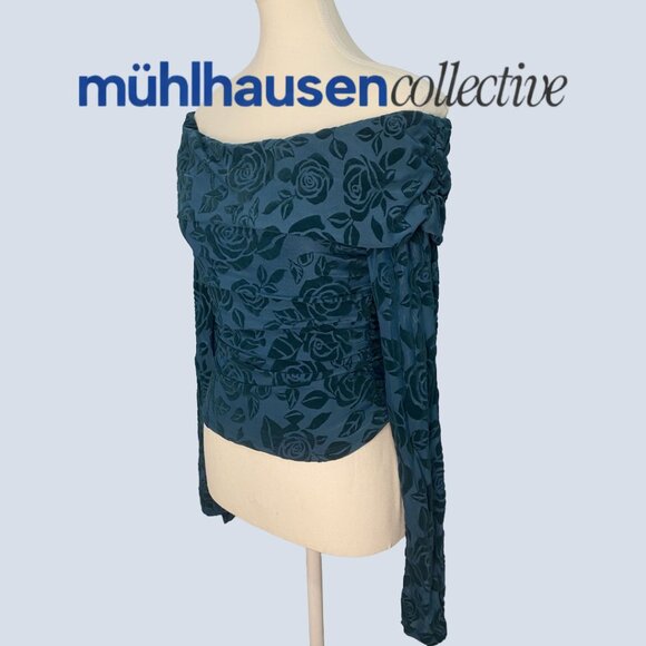 NWT Wild Fable Velvet Mesh Teal Floral Off-Shoulder Top - Picture 5 of 5